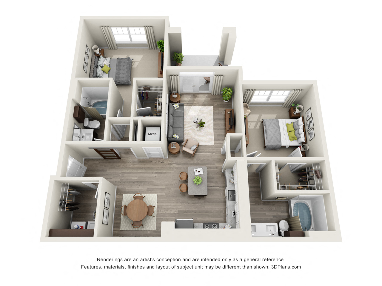 Floor plan for 2 beds, 2 baths, 1110 sqft